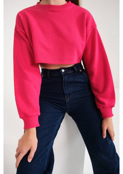 Fuşya Pamuklu 3 Iplik Örme Crop Sweatshirt (ZCK0557)