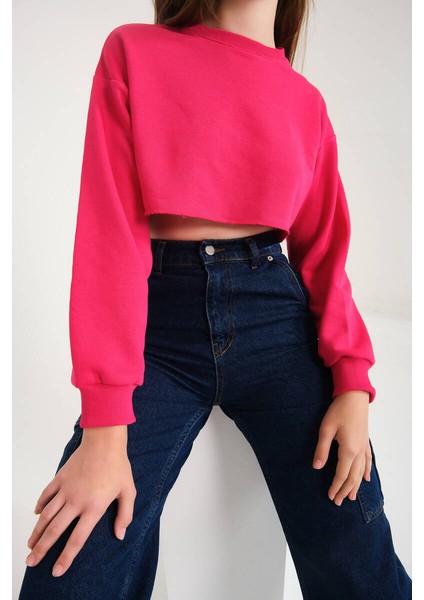 Fuşya Pamuklu 3 Iplik Örme Crop Sweatshirt (ZCK0557)