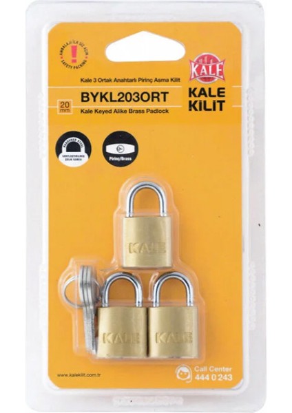 Kilit Ortak 3 Anahtarlı Pirinç Asma Kilit 20 mm
