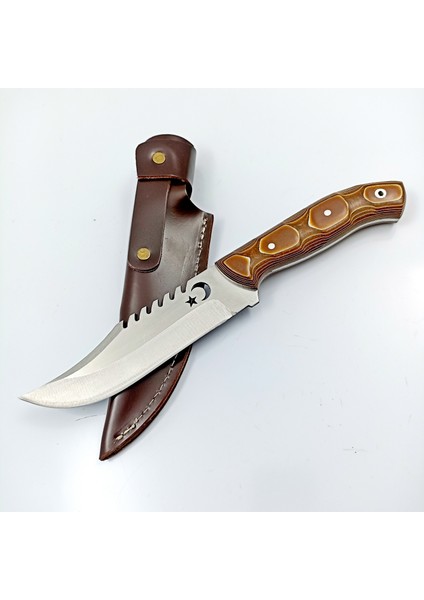 Verzalit Kabzeli Ay Yıldız Motifli Outdoor Bıçak ,bushcraft Av Bıçağı , Erkek Arkadaşa Kişiselleştirilebilir Hediye