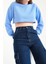 Mavi Pamuklu 3 Iplik Örme Crop Sweatshirt (ZCK0557) 2