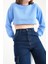 Mavi Pamuklu 3 Iplik Örme Crop Sweatshirt (ZCK0557) 3