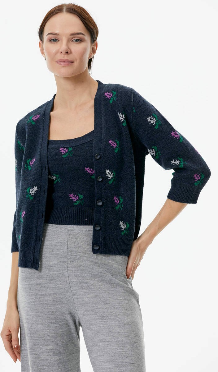 Sementa Çiçek Motifli Crop Triko Takım - Lacivert
