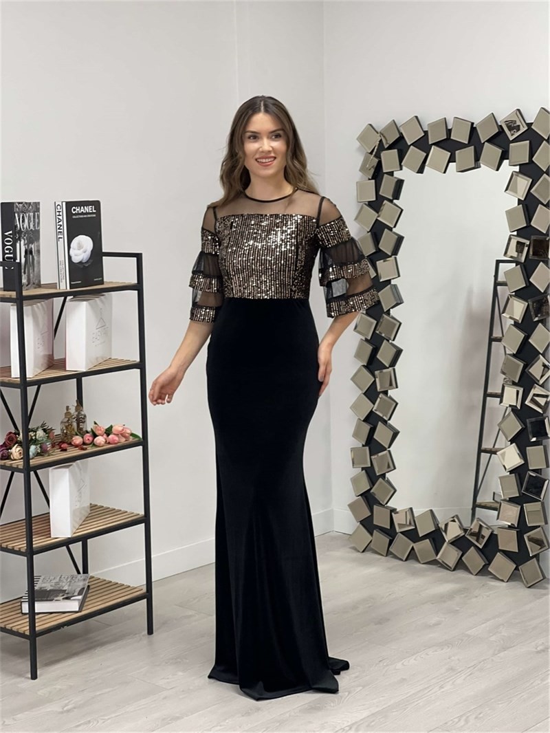Giyimmasalı Üst Payet Alt Kadife Abiye Elbise - Bronz görsel 6