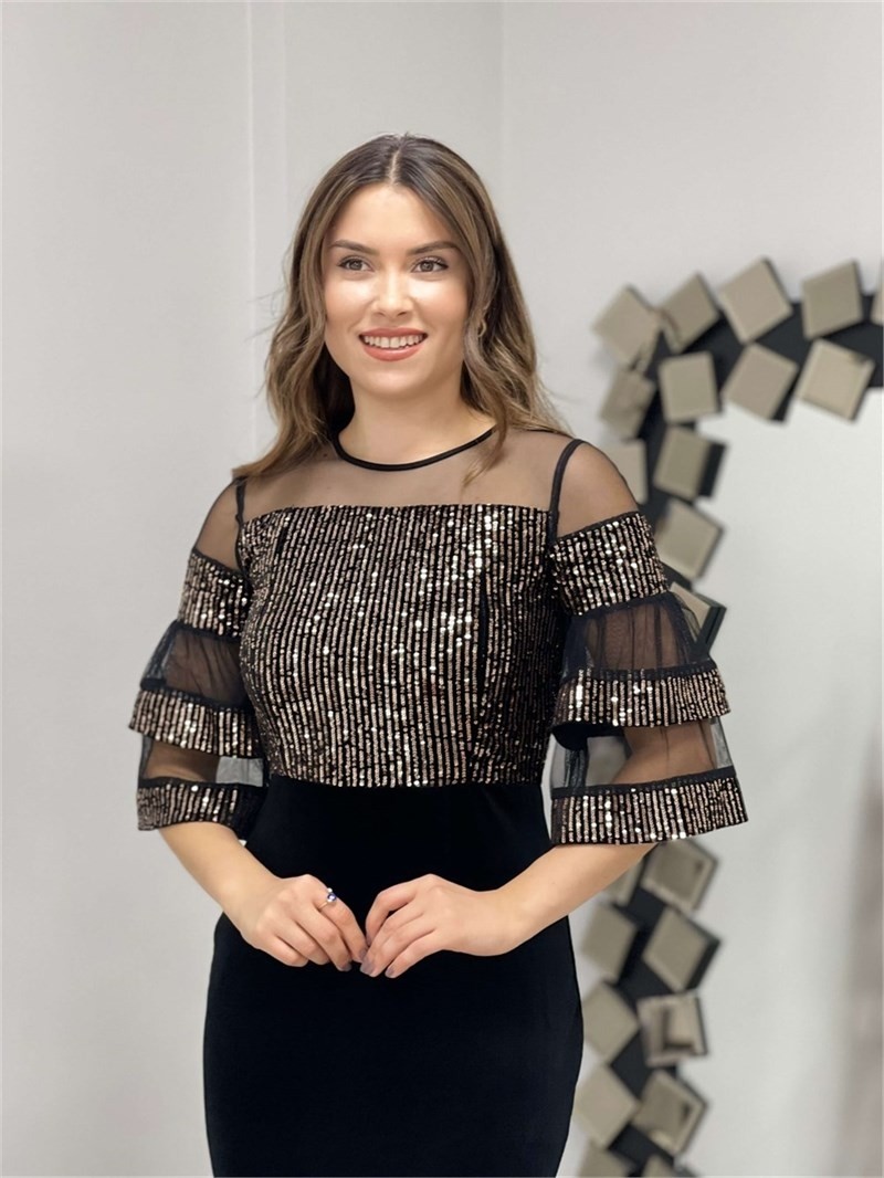 Giyimmasalı Üst Payet Alt Kadife Abiye Elbise - Bronz görsel 8