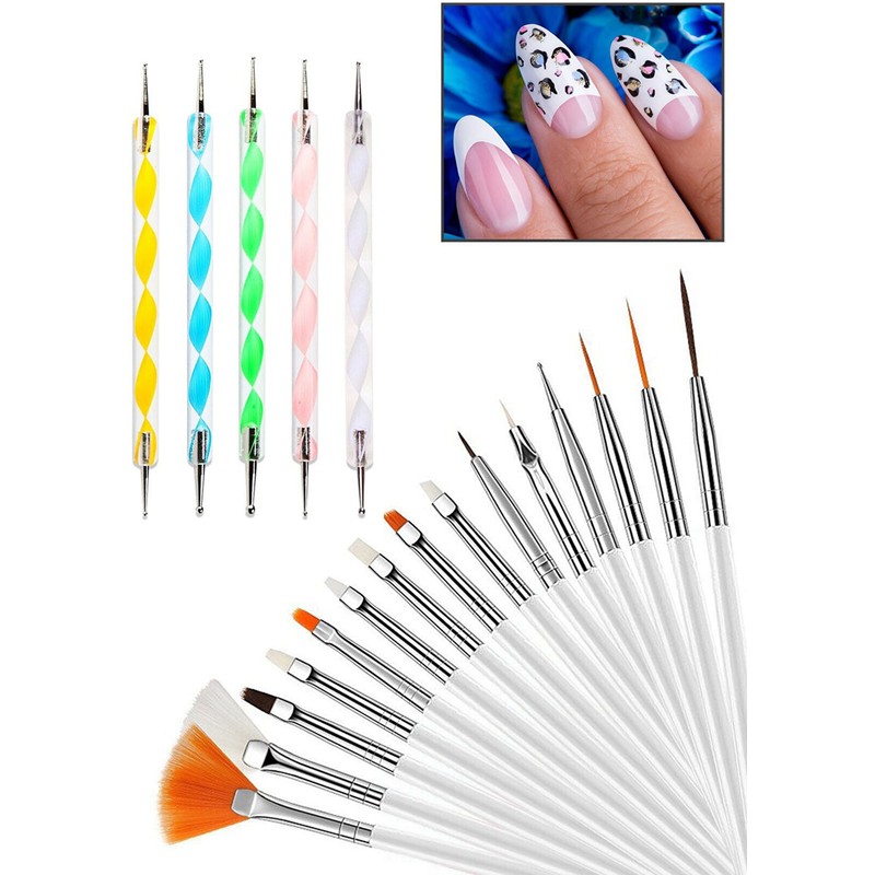 Ege Online Nail Art 20 Parça Tırnak Süsleme Desen Fırça 15'li ve Dot Kalem Seti 5'li