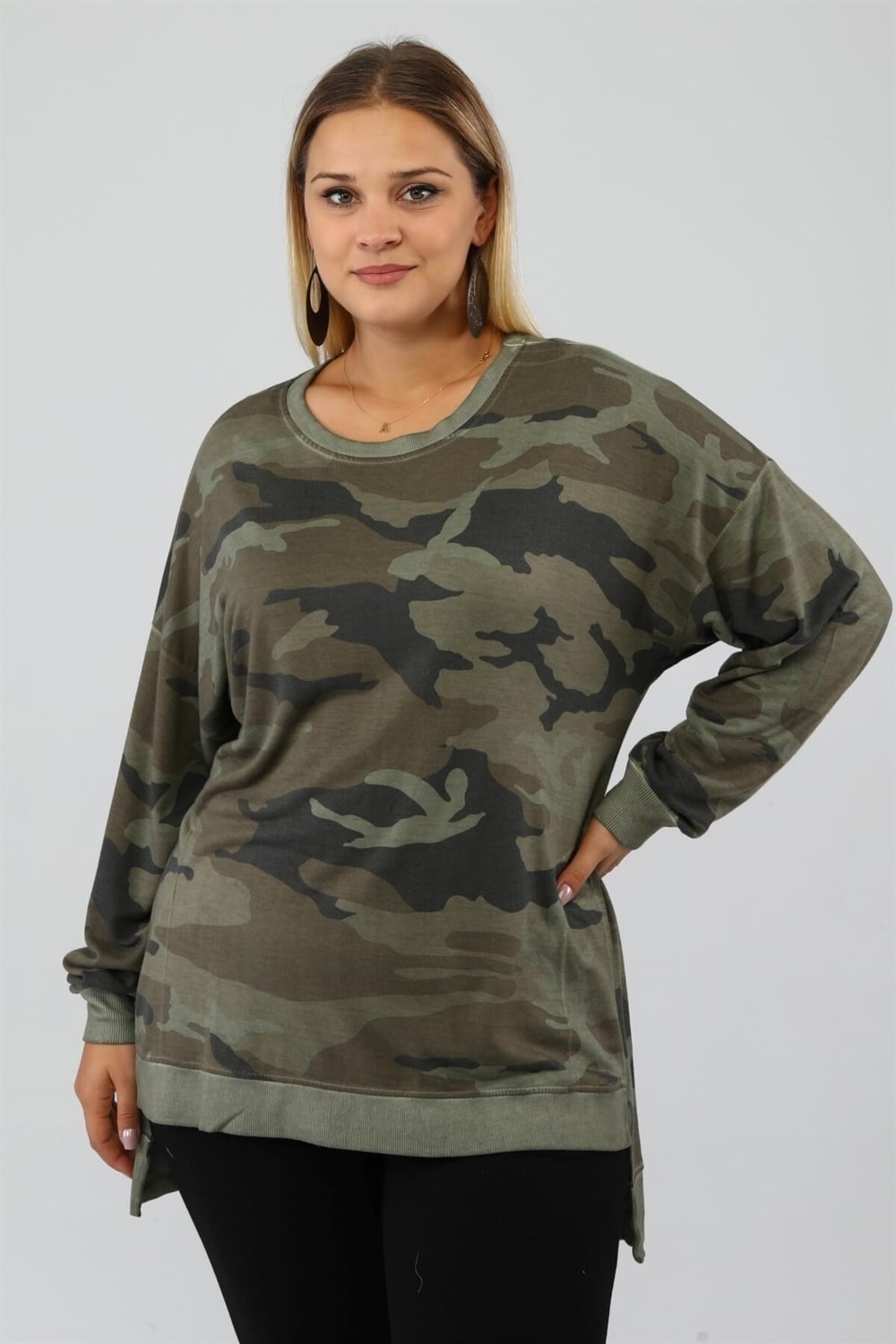 Sea Moda Kamuflaj Desen Yanları Yırtmaçlı Yağ Yıkama Plus Sweat-Haki