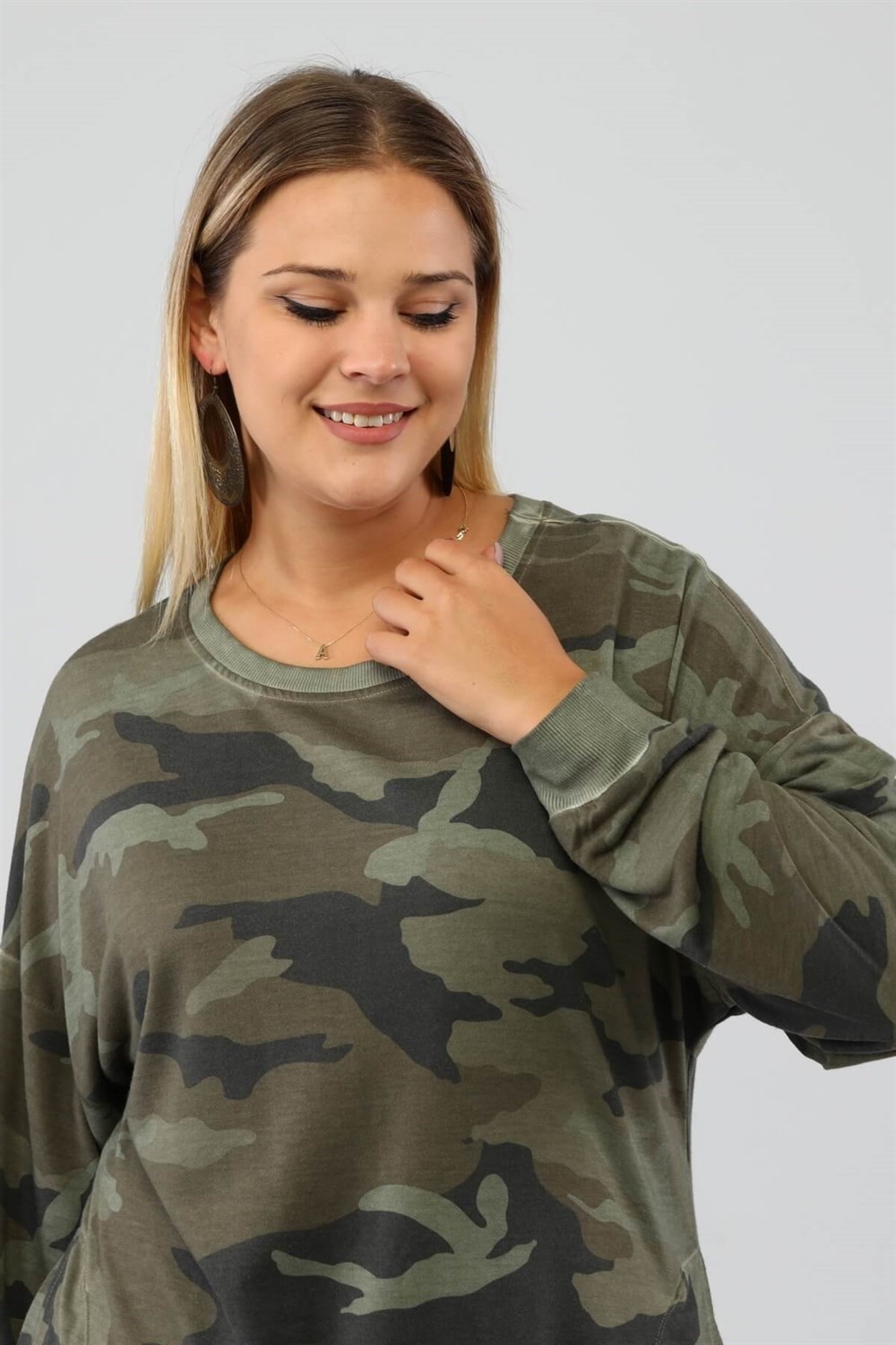 Sea Moda Kamuflaj Desen Yanları Yırtmaçlı Yağ Yıkama Plus Sweat-Haki görsel 2