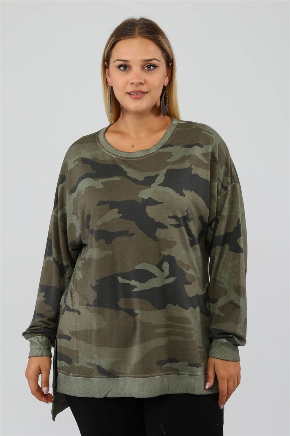 Sea Moda Kamuflaj Desen Yanları Yırtmaçlı Yağ Yıkama Plus Sweat-Haki görsel 3