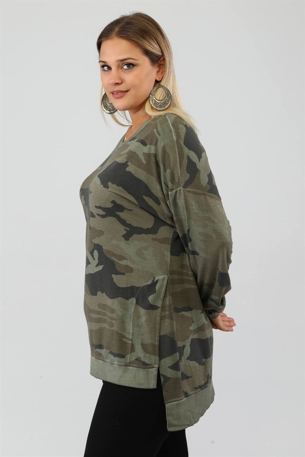 Sea Moda Kamuflaj Desen Yanları Yırtmaçlı Yağ Yıkama Plus Sweat-Haki görsel 4
