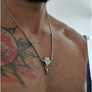 Viking Odin Kuzgun Gri Vegvisir Işlemeli Kafatası Raven & Örgü Zincir Erkek 316L Çelik Kolye