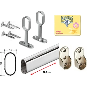 Dolap Içi Askılık Borusu Krom Oval 32,5 cm + 2 Adet Oval Ayaklı Flanş + 2 Adet Oval Sabit Flanş + Montaj Vidaları Set