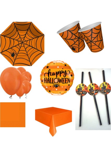 Cadılar Bayramı Turuncu Örümcek Ağ Desenli Parti Seti