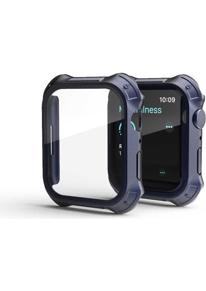 Apple Watch 7 41MM Ekran Kasa Koruyucu Köşeleri Airbag Zırtlı Tank Renki Kenar Şık Görünüm Lacivert
