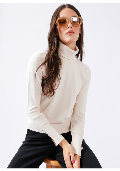 Balıkçı Yaka Düz Ekru Kadın Kazak Rezza