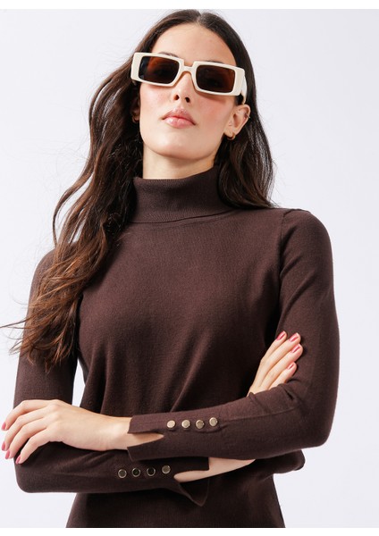 Balıkçı Yaka Basic Düz Kahve Kazak Kadın REZZA