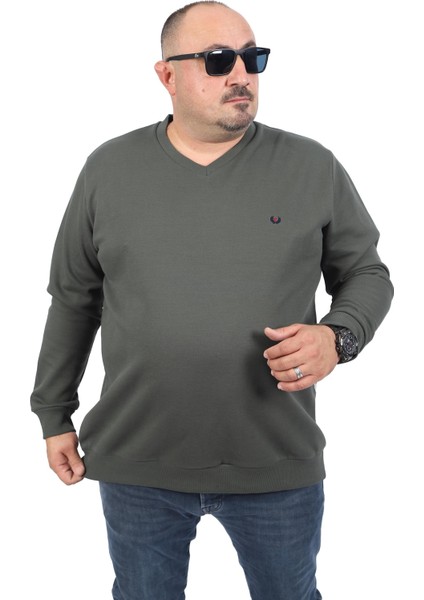 Mocgrande Büyük Beden V Yaka Double Face Basic 22720-HAKI