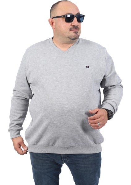 Mocgrande Büyük Beden V Yaka Double Face Basic 22720-GRI Melanj