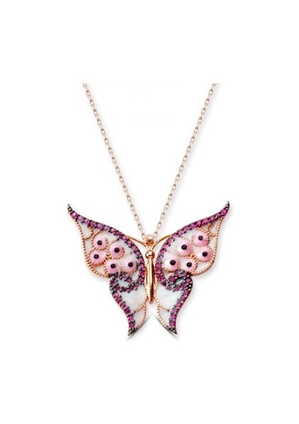 Renkli Mineli Gümüş Kelebek Kolye