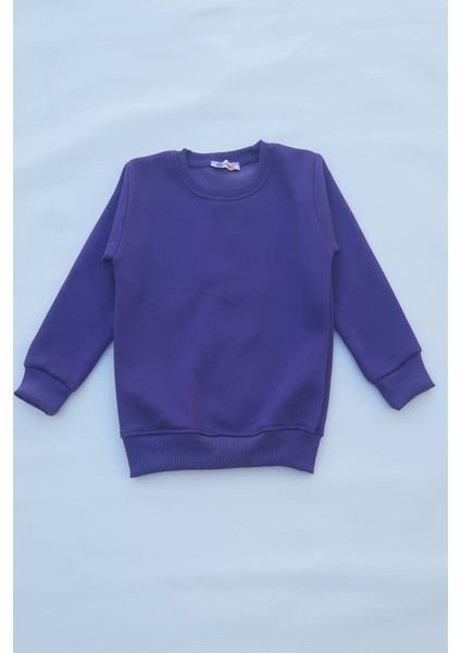 Unisex Mor Basic Içi Polarlı Örme Kalın Sweatshirt
