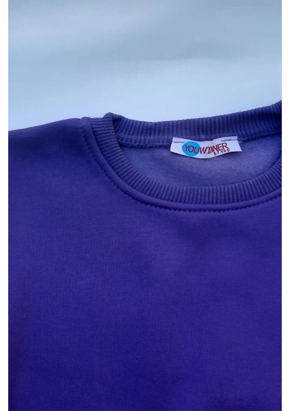Unisex Mor Basic Içi Polarlı Örme Kalın Sweatshirt