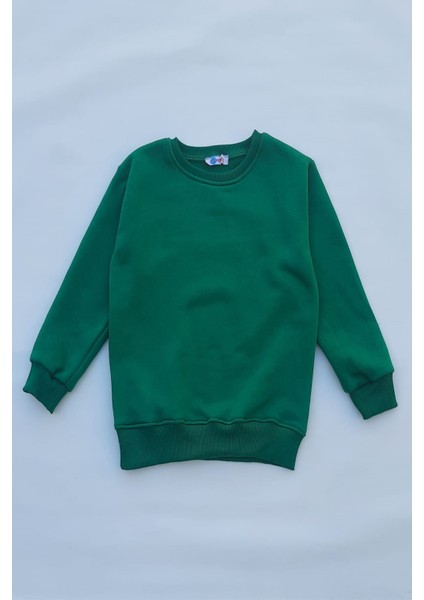 Unisex Yeşil Basic Içi Polarlı Örme Kalın Sweatshirt
