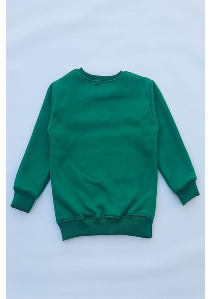 Unisex Yeşil Basic Içi Polarlı Örme Kalın Sweatshirt