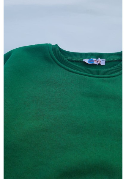 Unisex Yeşil Basic Içi Polarlı Örme Kalın Sweatshirt