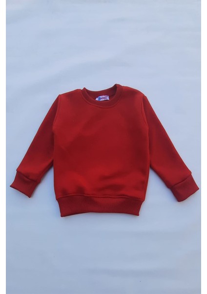Unisex Kırmızı Basic Içi Polarlı Örme Kalın Sweatshirt