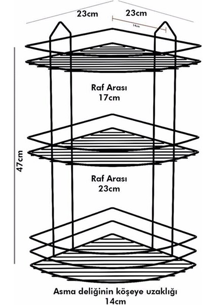 Paslanmaz Siyah 3 Katlı Banyo Köşeliği Şampuanlık Köşelik Banyo Rafı Siyah