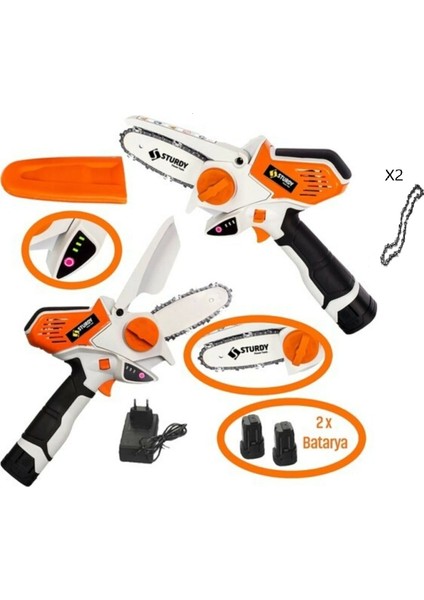 Powerfull Saw Vr-X Brushless Li-On Akülü Dal Kesme Testere Bıçkı Makinası Çift Akülü Çift Zinicir ve Çift Pala ile