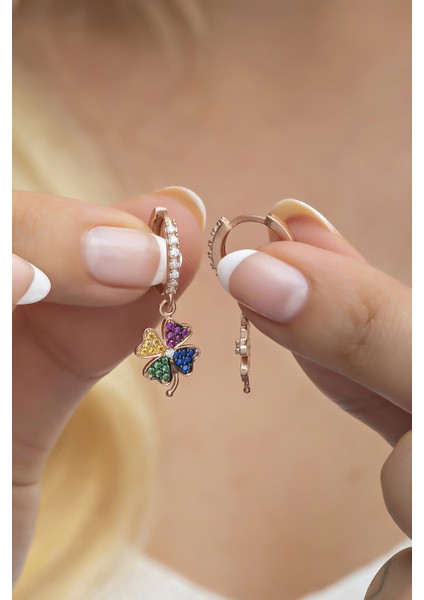 925 Ayar Gümüş 10 mm Sallantılı Mix Taşlı Yonca Küpe