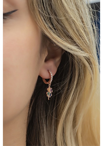 925 Ayar Gümüş 10 mm Sallantılı Mix Taşlı Yonca Küpe modelleri