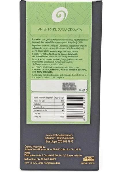 Antep Fıstıklı Sütlü Çikolata 100 gr