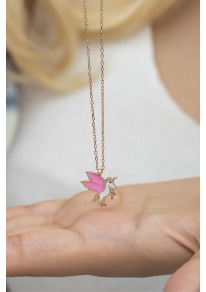 925 Ayar Gümüş Rose Pembe Mineli Unicorn Kolye
