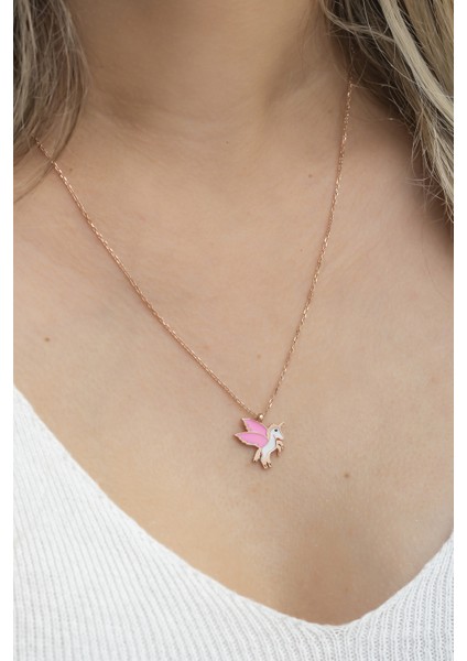 925 Ayar Gümüş Rose Pembe Mineli Unicorn Kolye
