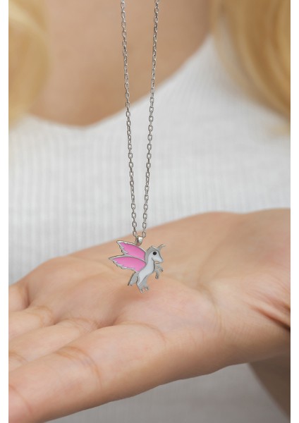 925 Ayar Gümüş Rodyumlu Pembe Mineli Unicorn Kolye fırsatları