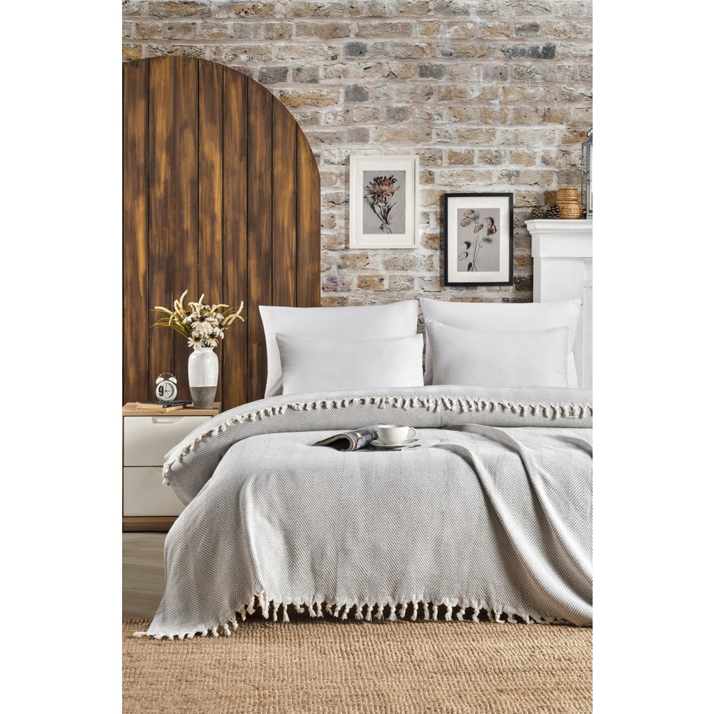 Casnack Çift Kişilik Pike 1500 gr Klasik Desen Açık Gri Pamuk Kumaş 200X230 cm
