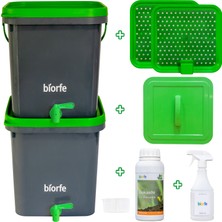 Biorfe 500 ml Bokashi Konsantre pH Düzenleyici Sıvılı 18 L Kompost Kovası İkili Set - Yeşil