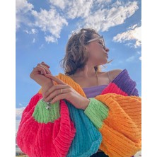 Organic Mira Organıcmıra Kadın Rainbow Çok Renkli Oversize Crop Hırka Ceket