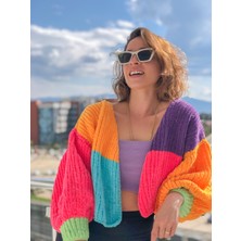 Organic Mira Organıcmıra Kadın Rainbow Çok Renkli Oversize Crop Hırka Ceket