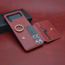 Qichengda Samsung Galaxy Z Flip 4 Kart Cüzdan Parmak Yüzük Pu Deri Tam Koruma Cep Telefonu Kılıfı Kapağı (Yurt Dışından)