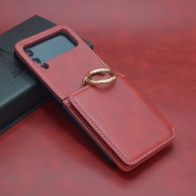 Qichengda Samsung Galaxy Z Flip 4 Kart Cüzdan Parmak Yüzük Pu Deri Tam Koruma Cep Telefonu Kılıfı Kapağı (Yurt Dışından)