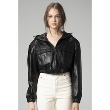 Dericlub WM036 Kapüşonlu Gerçek Deri Crop Mont