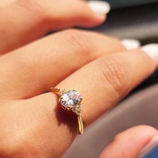 Fasek Gold Tria Altın Yüzük - 14 Ayar Altın Başak Zirkon Taşlı Tek Taş Yüzük - Anneler Gününe Hediye Yüzük