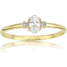 Fasek Gold Tria Altın Yüzük - 14 Ayar Altın Oval Taşlı Tria Minimal Yüzük - Hediyelik Minimal Altın Yüzük