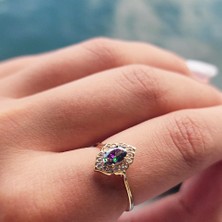 Fasek Gold Gümüş Yüzük -  Vintage Mistik Topaz Sarı Gümüş Evlilik Teklifi Hediye 925 Ayar Gümüş Yüzük -Evlilik Teklifi Yüzük