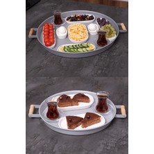 2'li Ahşap Kulplu 51 cm Metal Tepsi ve 37 cm Tepsi Çay Kahve Sunum Tepsisi