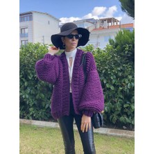 Organıcmıra Kadın Salaş Oversize Mont Mor Hırka Ceket Chunky Cardigan