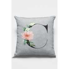 RugViva 43 x 43 cm Gri Tay Tüyü Döşemelik Premium Kumaş Dekoratif Çift Taraflı C Harfli Kırlent Kılıfı KRL564